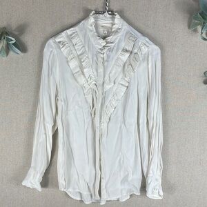 Melloday > White Ruffle Button Down Blouse Small